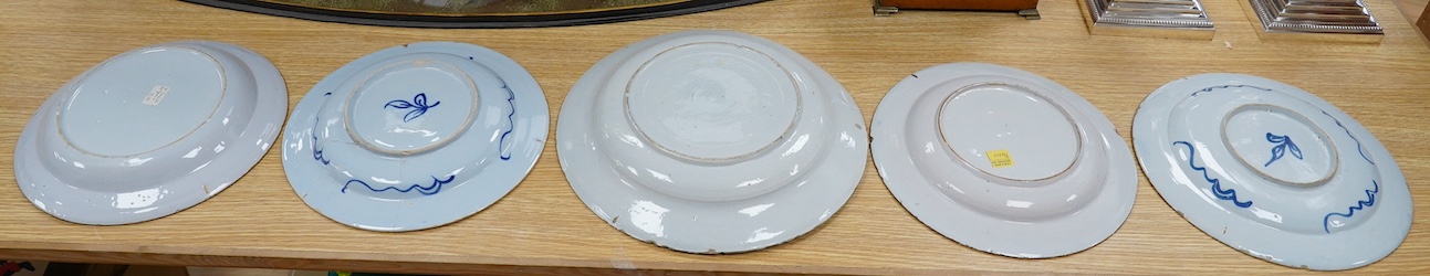 Five various delft dishes, largest 37cm diameter. Condition - poor to fair